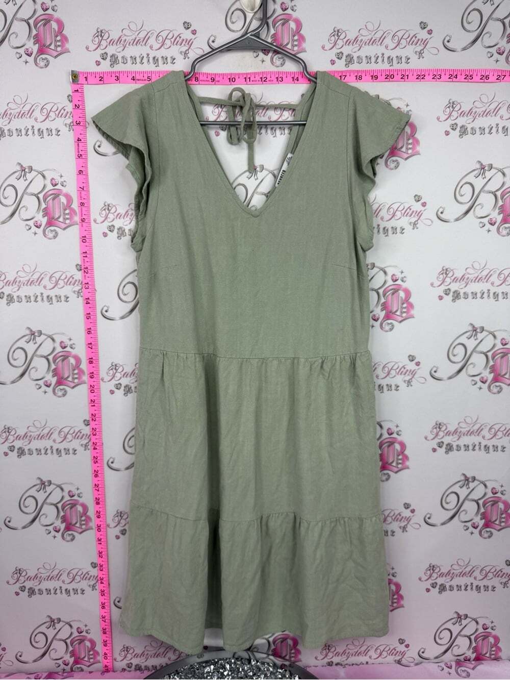 DEVOTED dress linen Sage Tiered V-Neck Midi Dress with Ruffle Sleeves